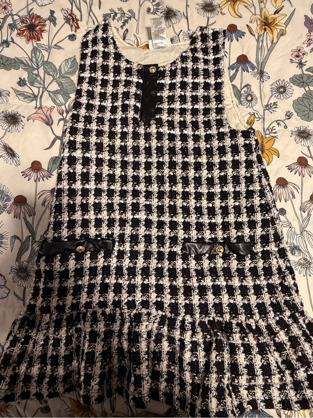 Girls Black and White Check Tweed Sleeveless Dress with Faux-Pocket Detail